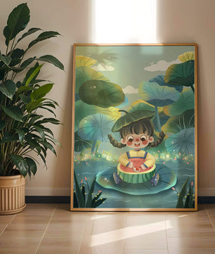 Charming illustration of a child enjoying watermelon amidst whimsical nature