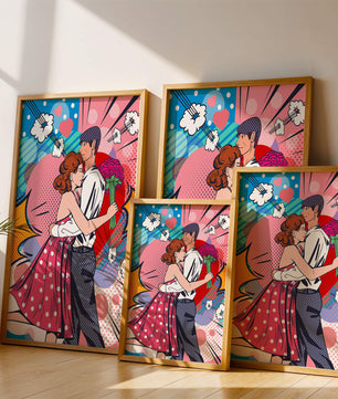 Pareja abrazándose en estilo pop art con un fondo colorido