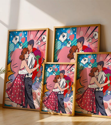 Pop Art Couple Embracing with a Colorful Background