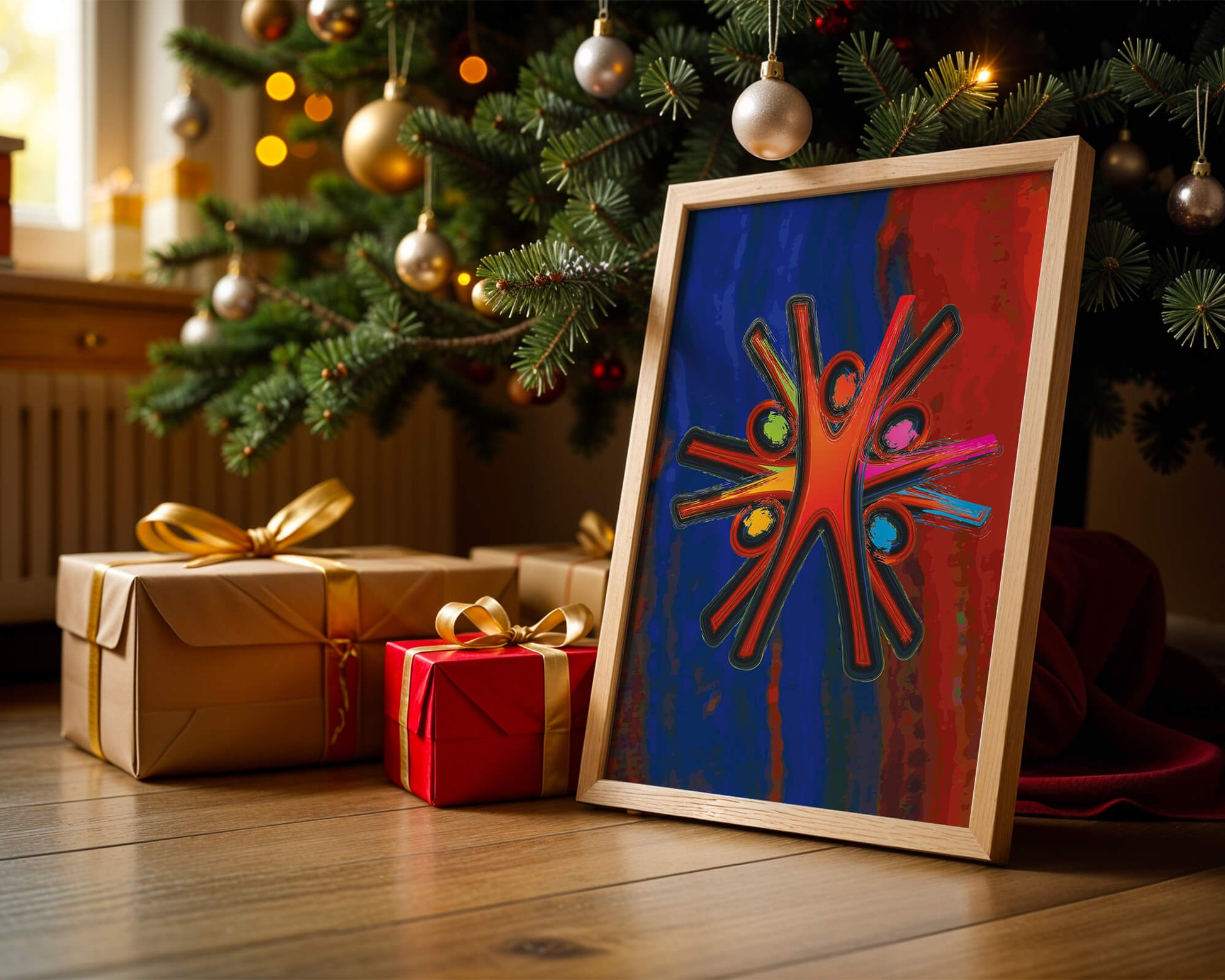 Abstract art with dynamic figures and vibrant colors