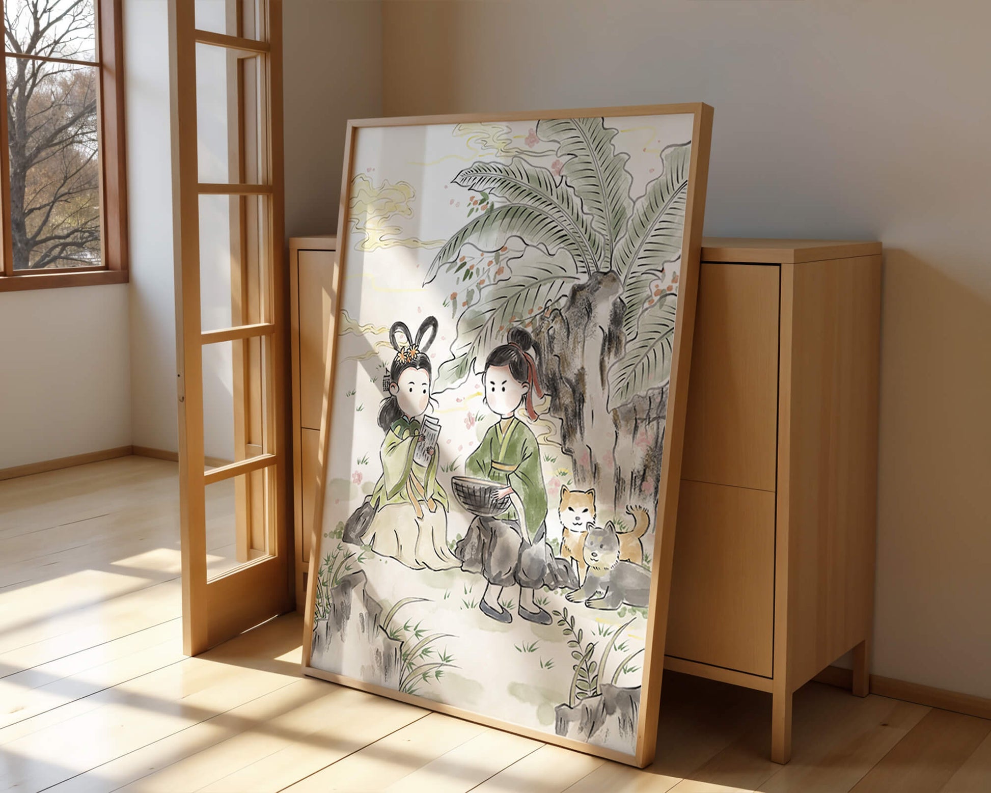 Arte asiático tradicional con dos personas y perros bajo un árbol