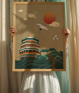 Traditional Asian artwork with cranes and pagoda under a red sun
