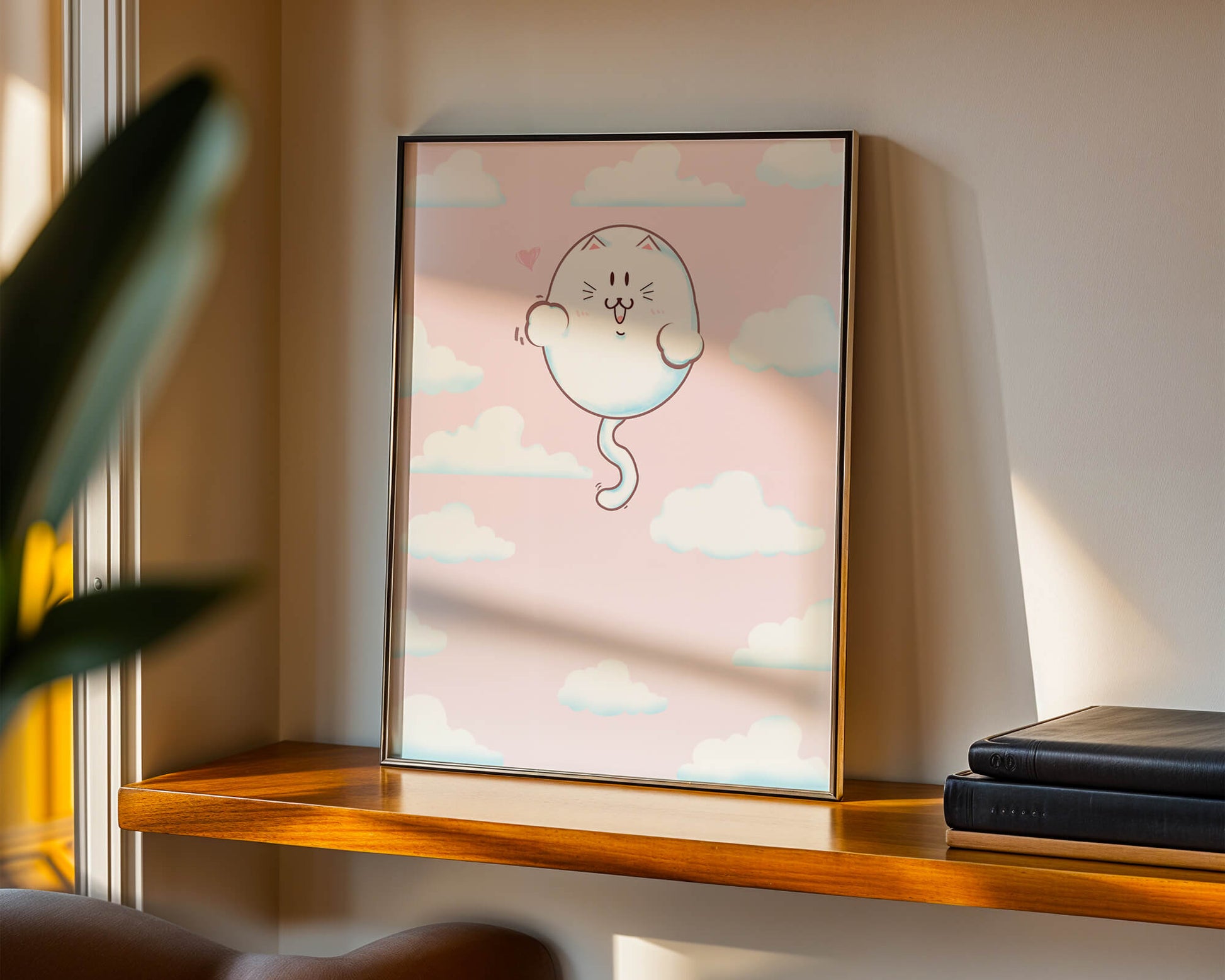 Gato flotante caprichoso en un cielo pastel con nubes esponjosas