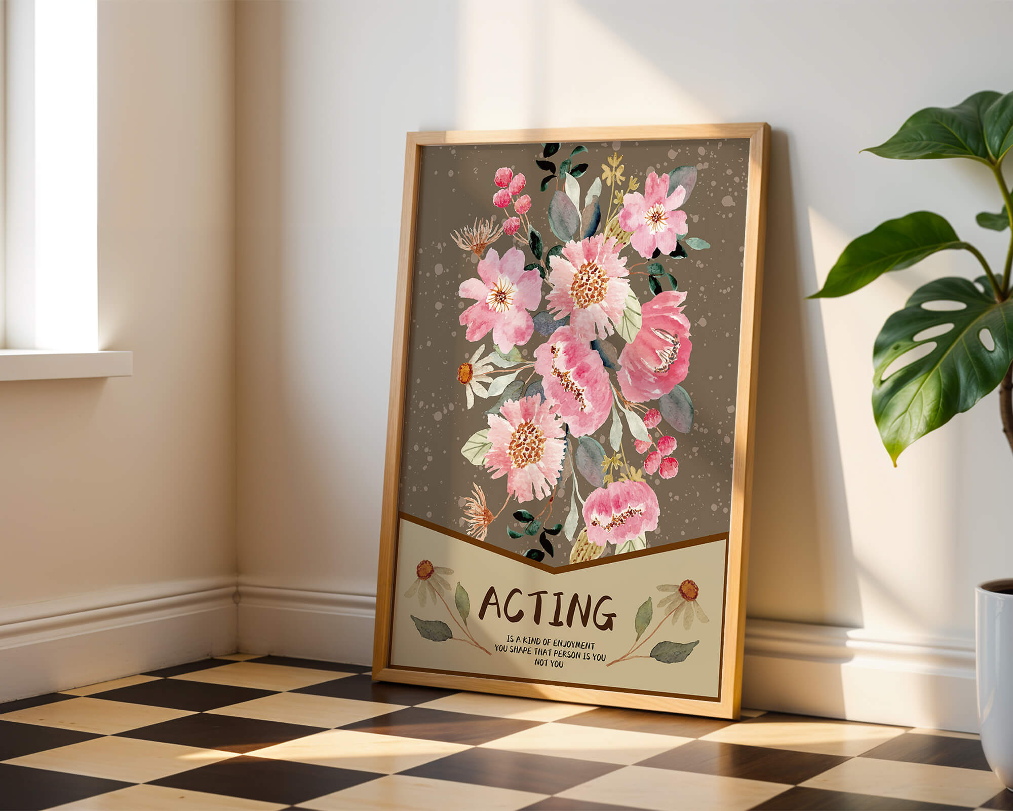 Floral watercolor illustration with motivational text on a brown dotted background