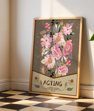 Ilustración acuarela floral con texto motivacional sobre un fondo marrón punteado