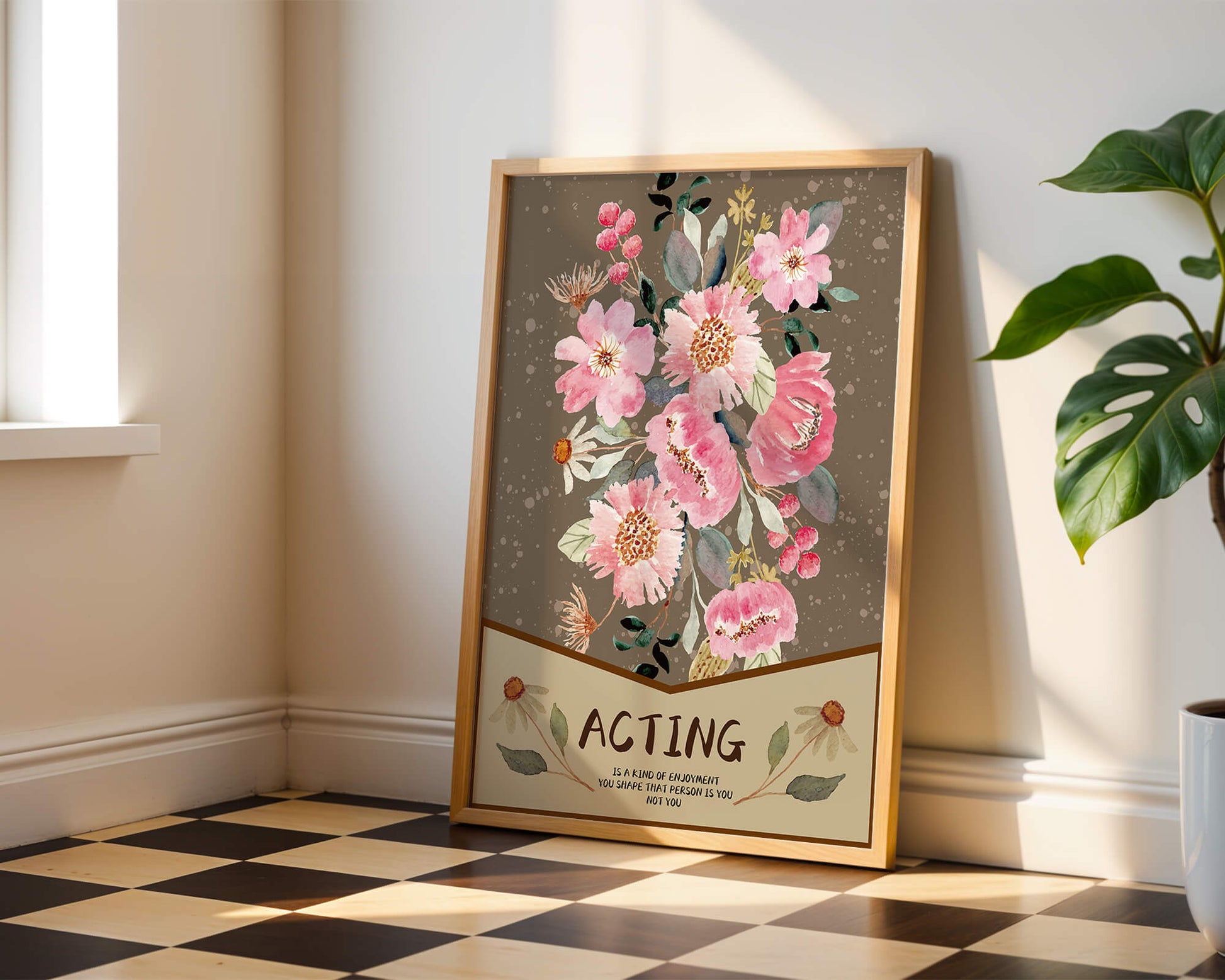 Floral watercolor illustration with motivational text on a brown dotted background