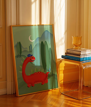 Whimsical red dinosaur in a serene nighttime forest