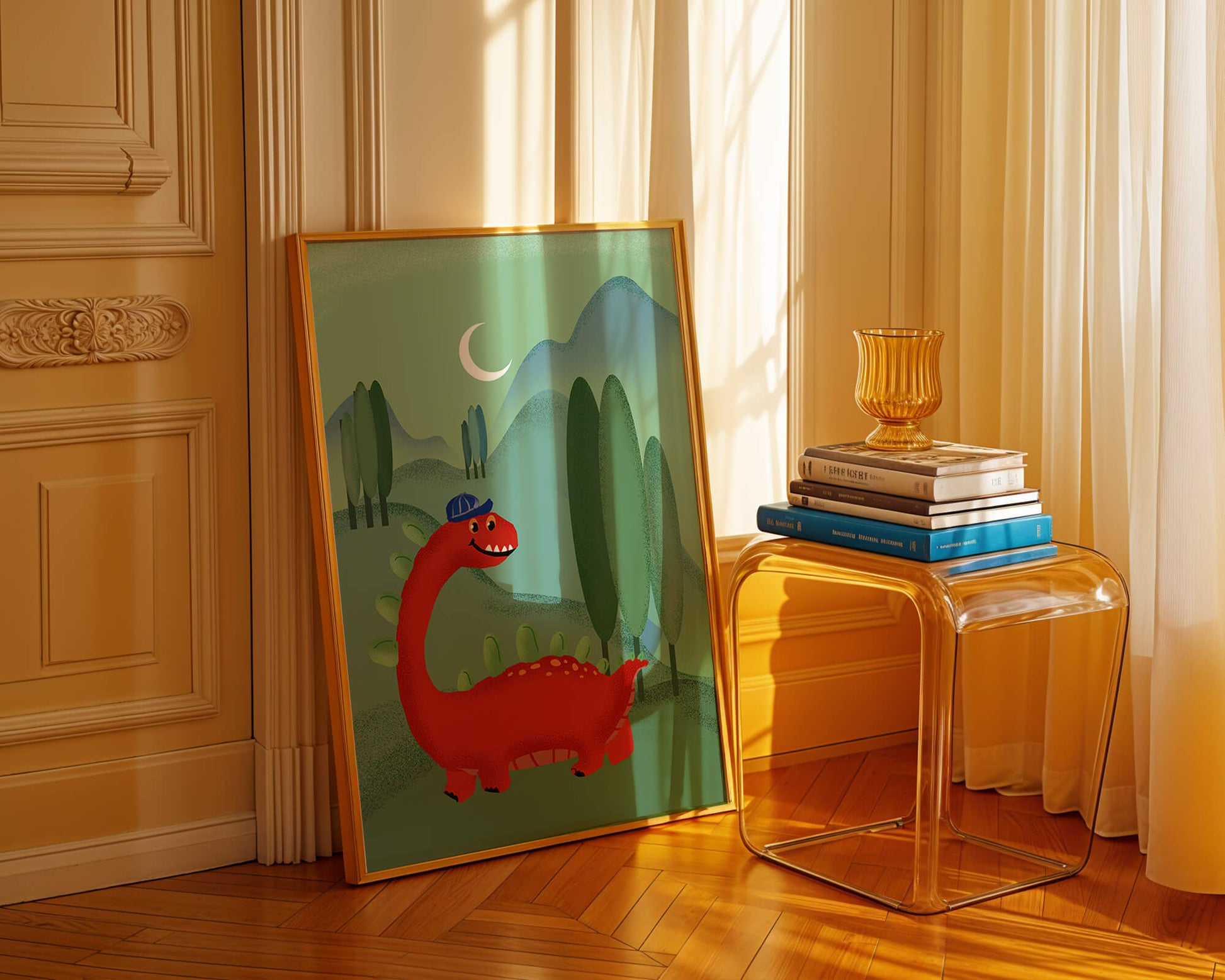 Whimsical red dinosaur in a serene nighttime forest