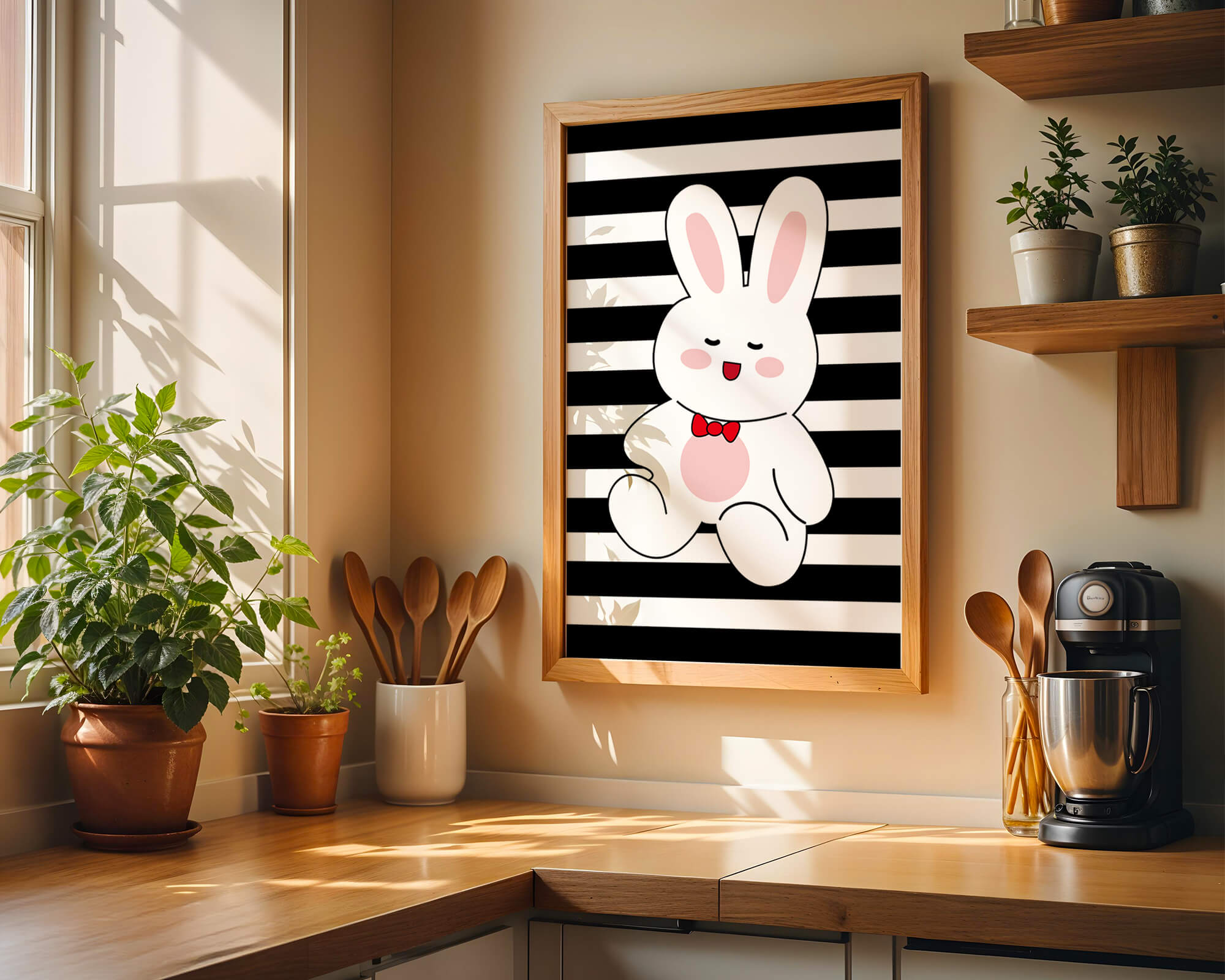 Adorable cartoon bunny with bold stripes and a red bow tie