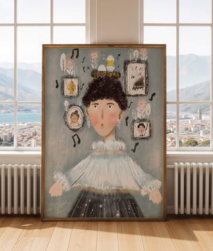 Retrato ilustrado caprichoso con elementos musicales y dorados
