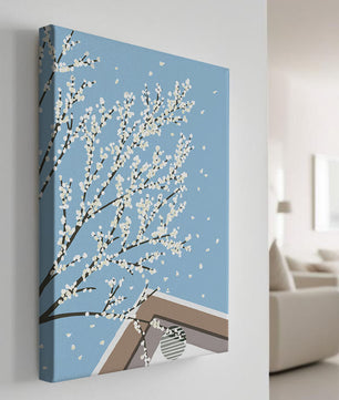 Blooming Branches Against a Clear Sky with Geometric Shapes