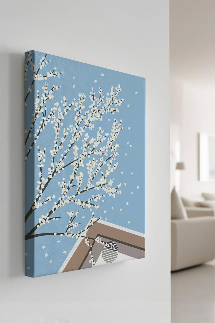 Blooming Branches Against a Clear Sky with Geometric Shapes