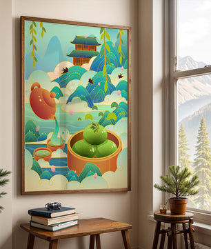 Paisagem serena com arquitetura tradicional e vegetação exuberante