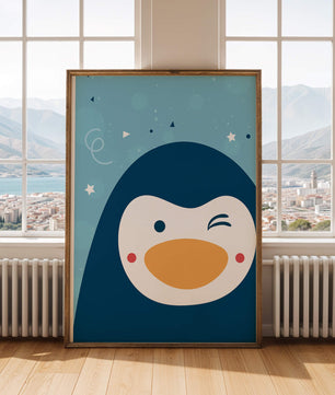Pingüino animado juguetón sobre un fondo azul caprichoso