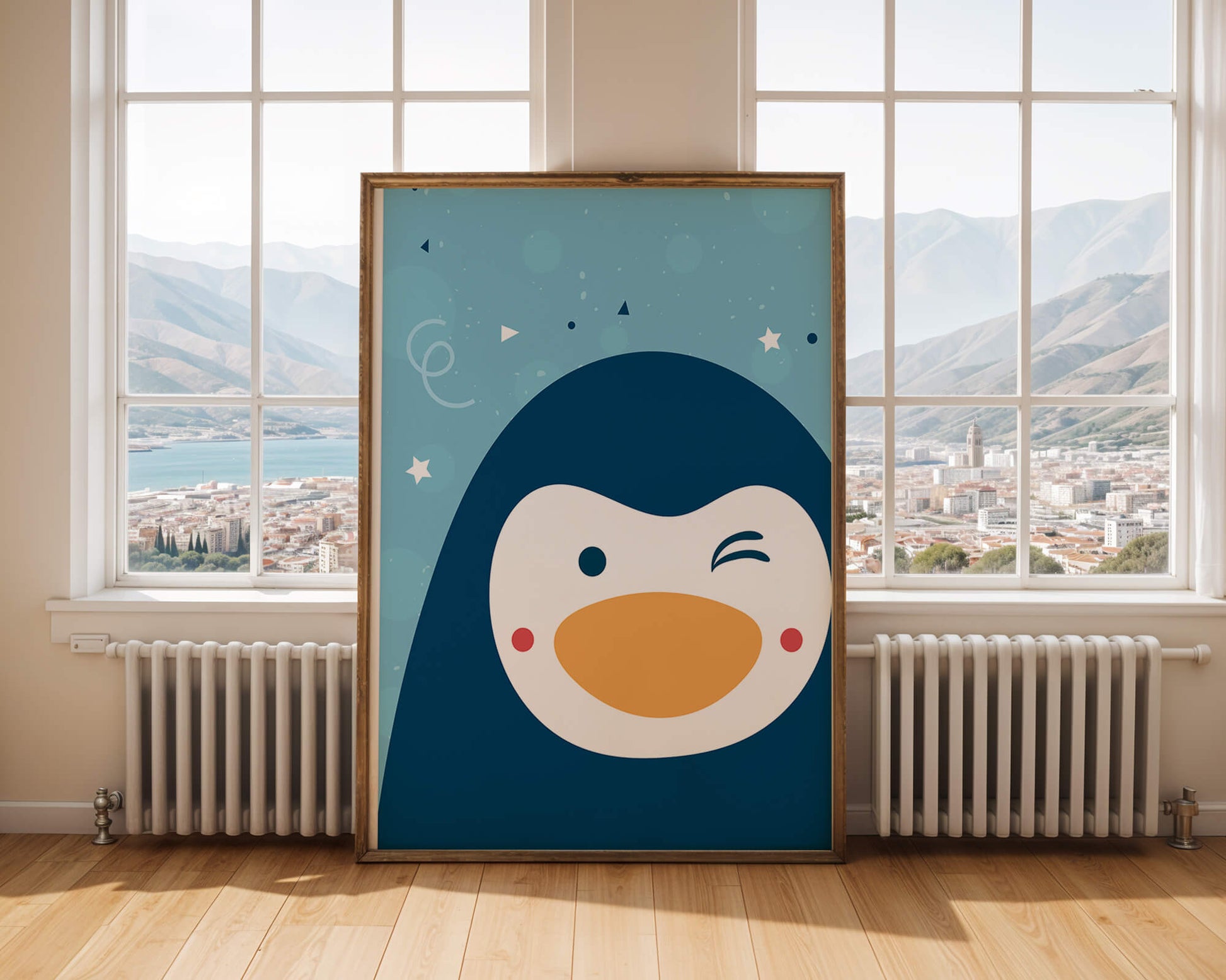 Pingüino de dibujos animados juguetón sobre un fondo azul caprichoso