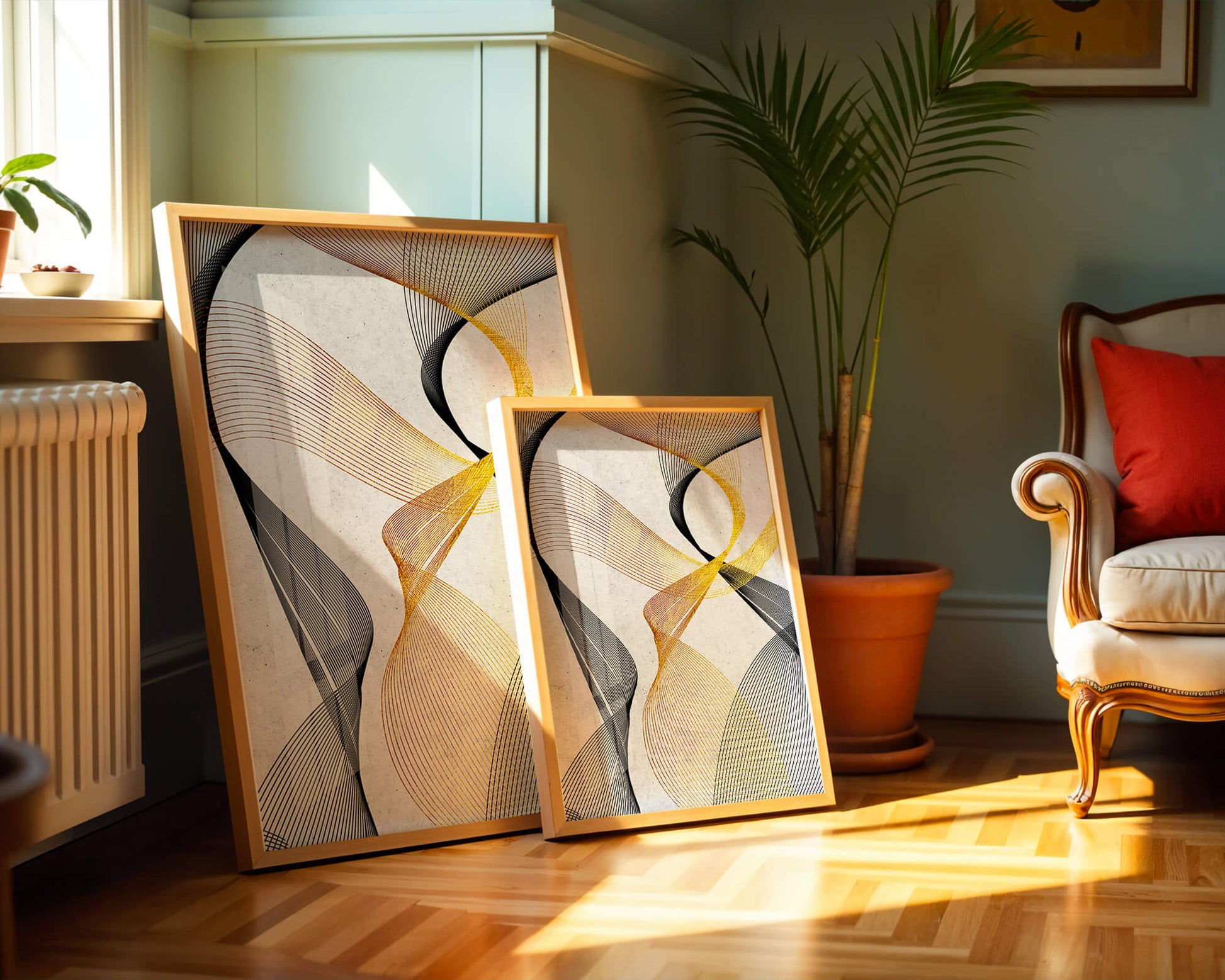 Elegant abstract waves with gold and black lines on textured background