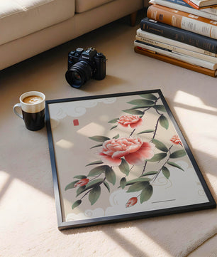 Oriental floral illustration with pink peonies and calligraphy