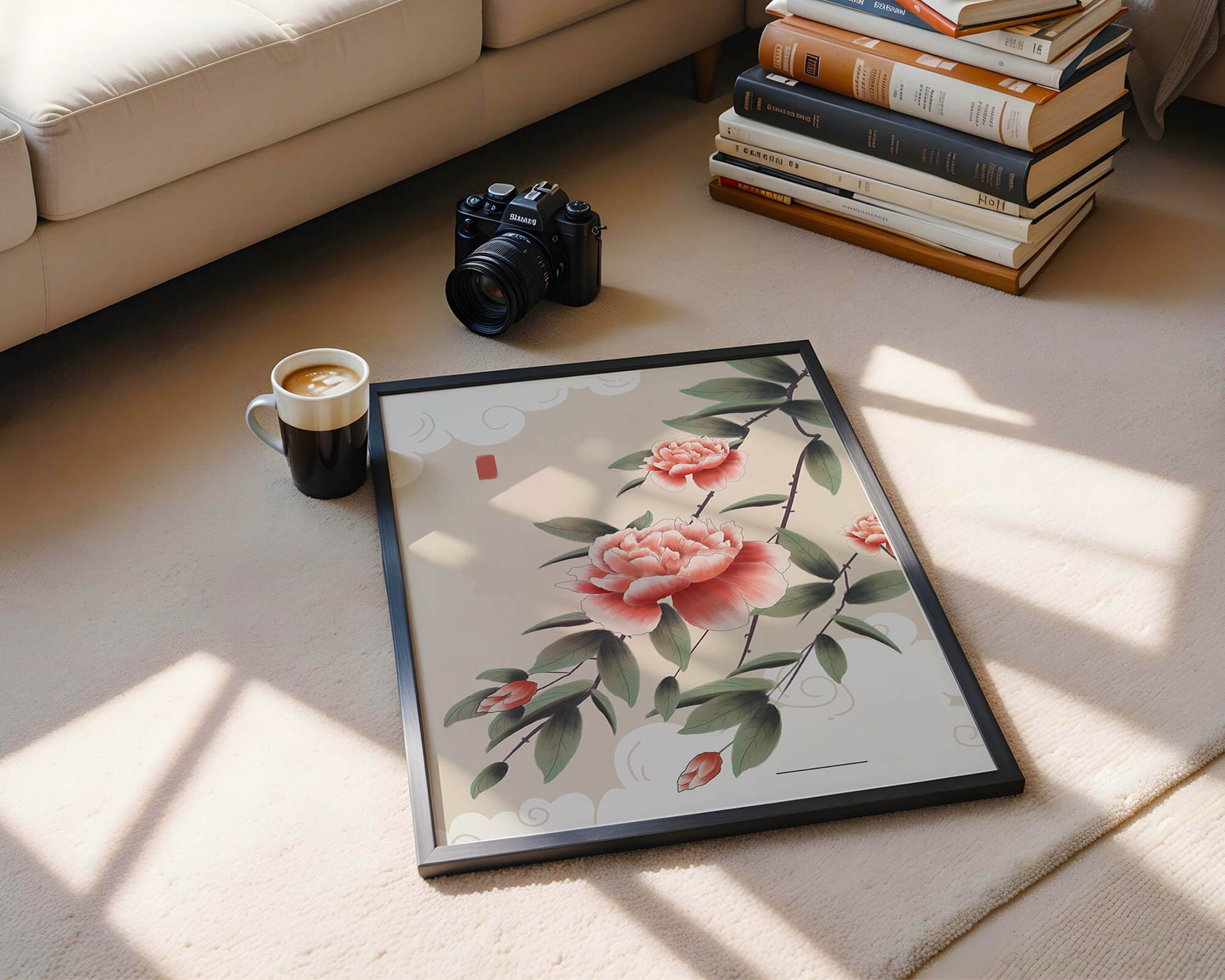 Oriental floral illustration with pink peonies and calligraphy