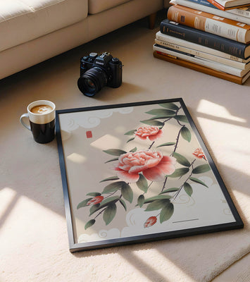 Oriental floral illustration with pink peonies and calligraphy