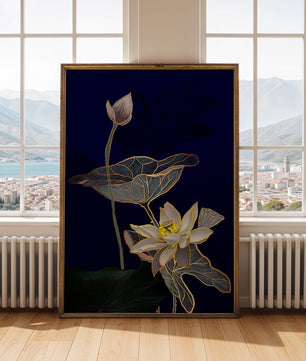 Elegant Lotus Flower with Gold Accents on Deep Blue Background
