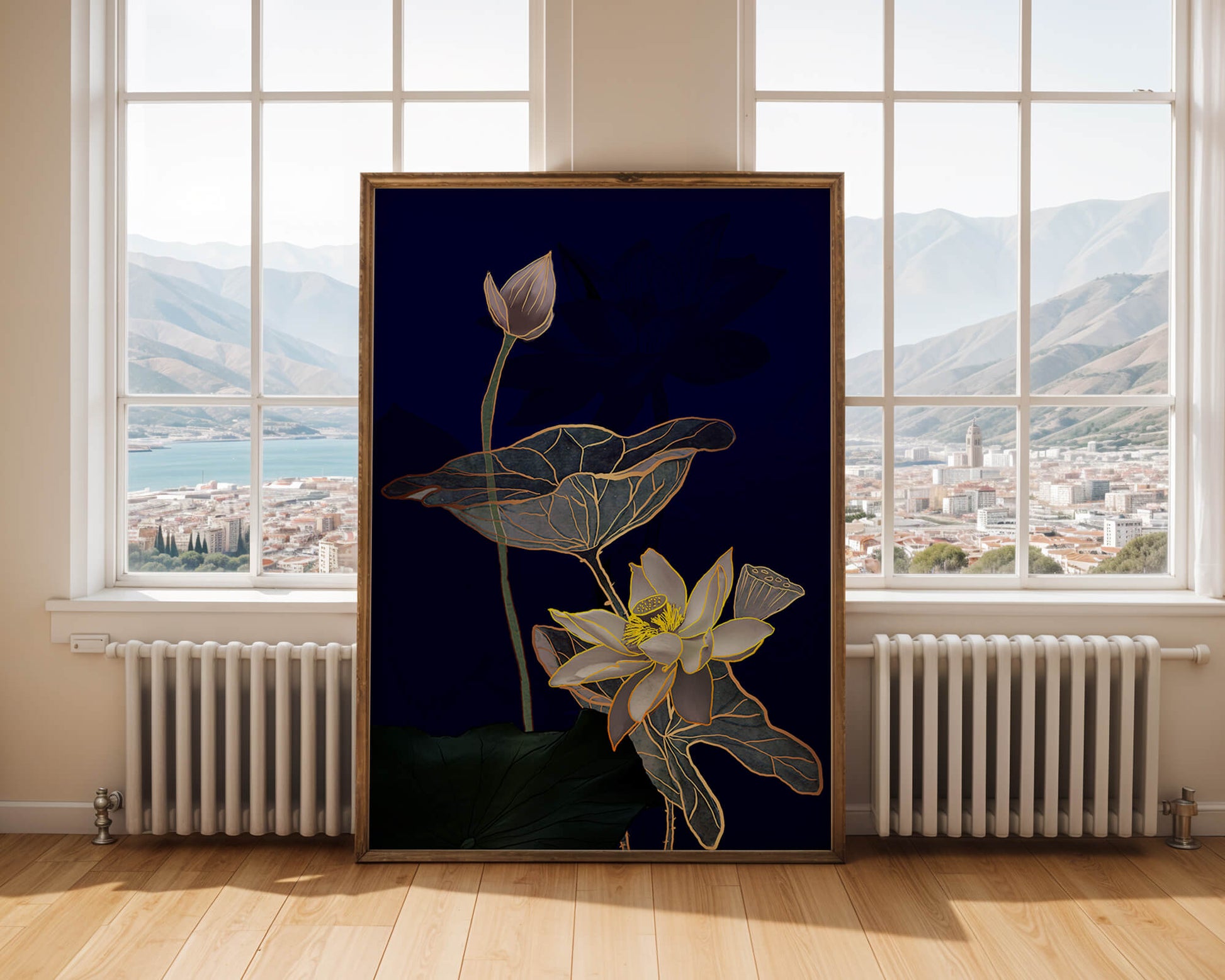 Elegant Lotus Flower with Gold Accents on Deep Blue Background