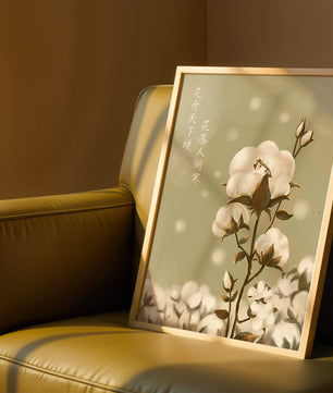 Plante de coton illustrée avec un personnage caché sur un fond vert doux