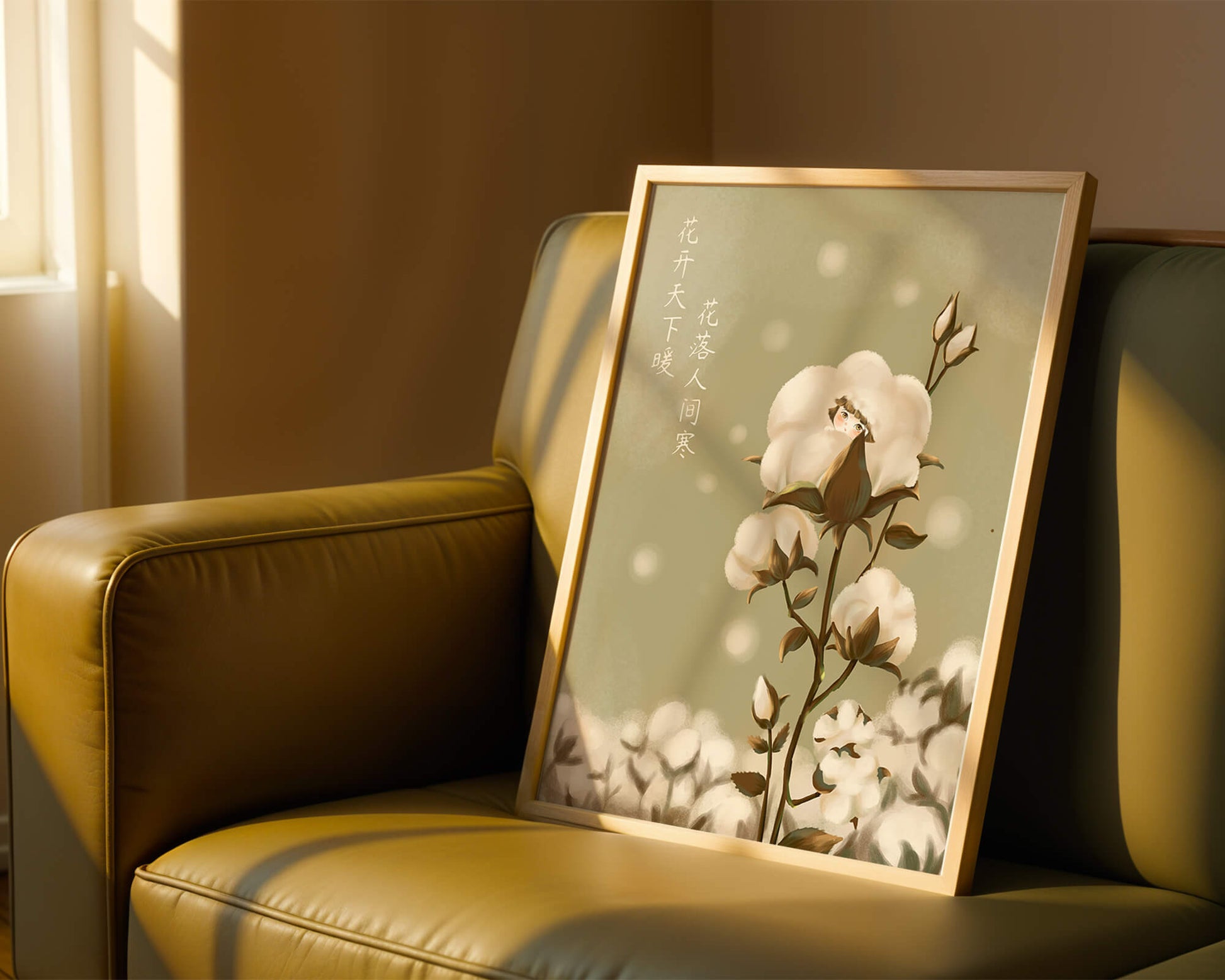 Illustrated cotton plant with hidden character on a soft green background