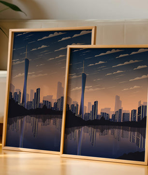 Skyline der Stadt bei Sonnenuntergang mit futuristischem Touch und Wasserspiegelung