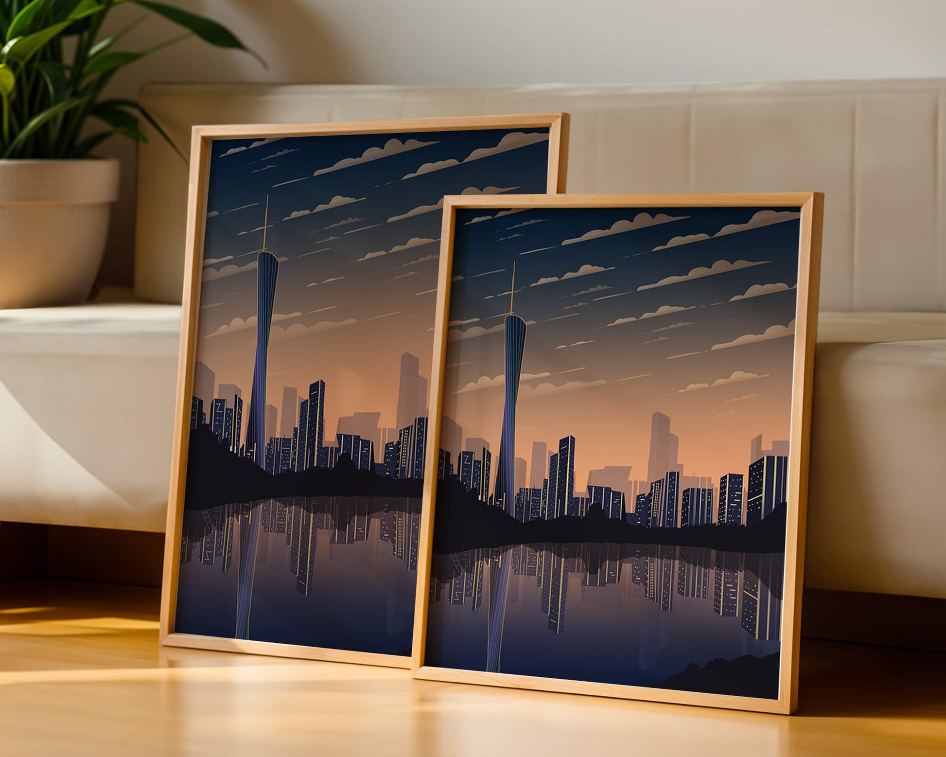 Skyline der Stadt bei Sonnenuntergang mit futuristischem Touch und Wasserspiegelung