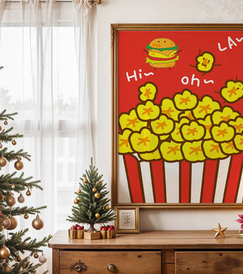 Playful illustration of popcorn and burger characters on a red background