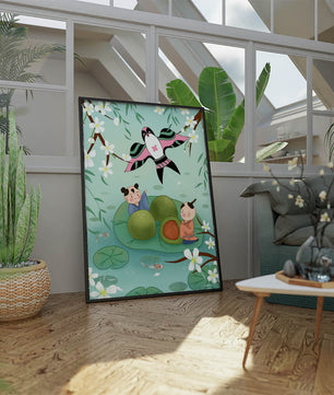 Children Playing on Lotus Leaves with Kite and Cherry Blossoms