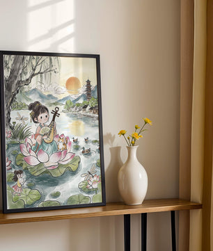Traditional Asian Scenery with Girl Playing Instrument on Lotus Pond at Sunset