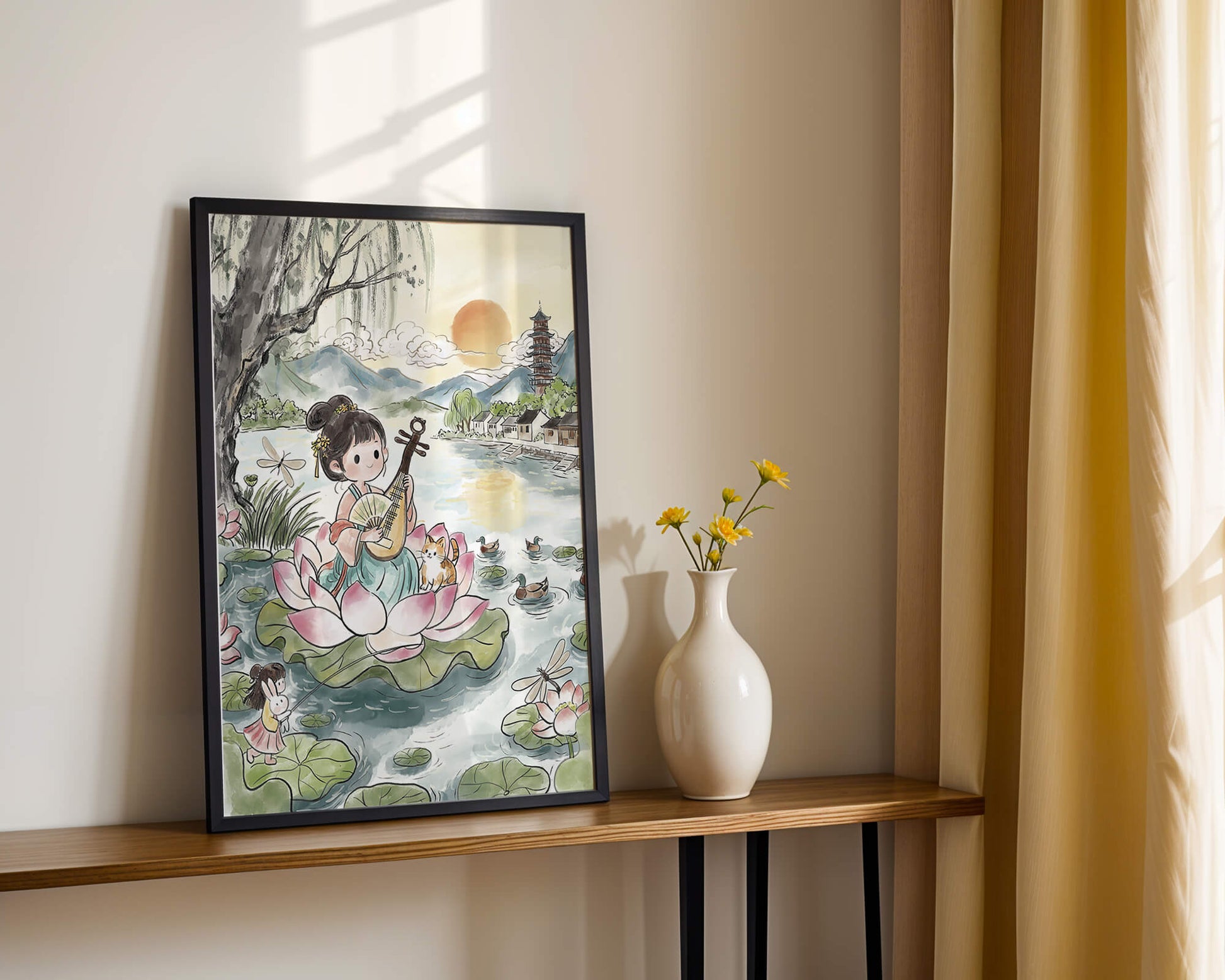 Traditional Asian Scenery with Girl Playing Instrument on Lotus Pond at Sunset