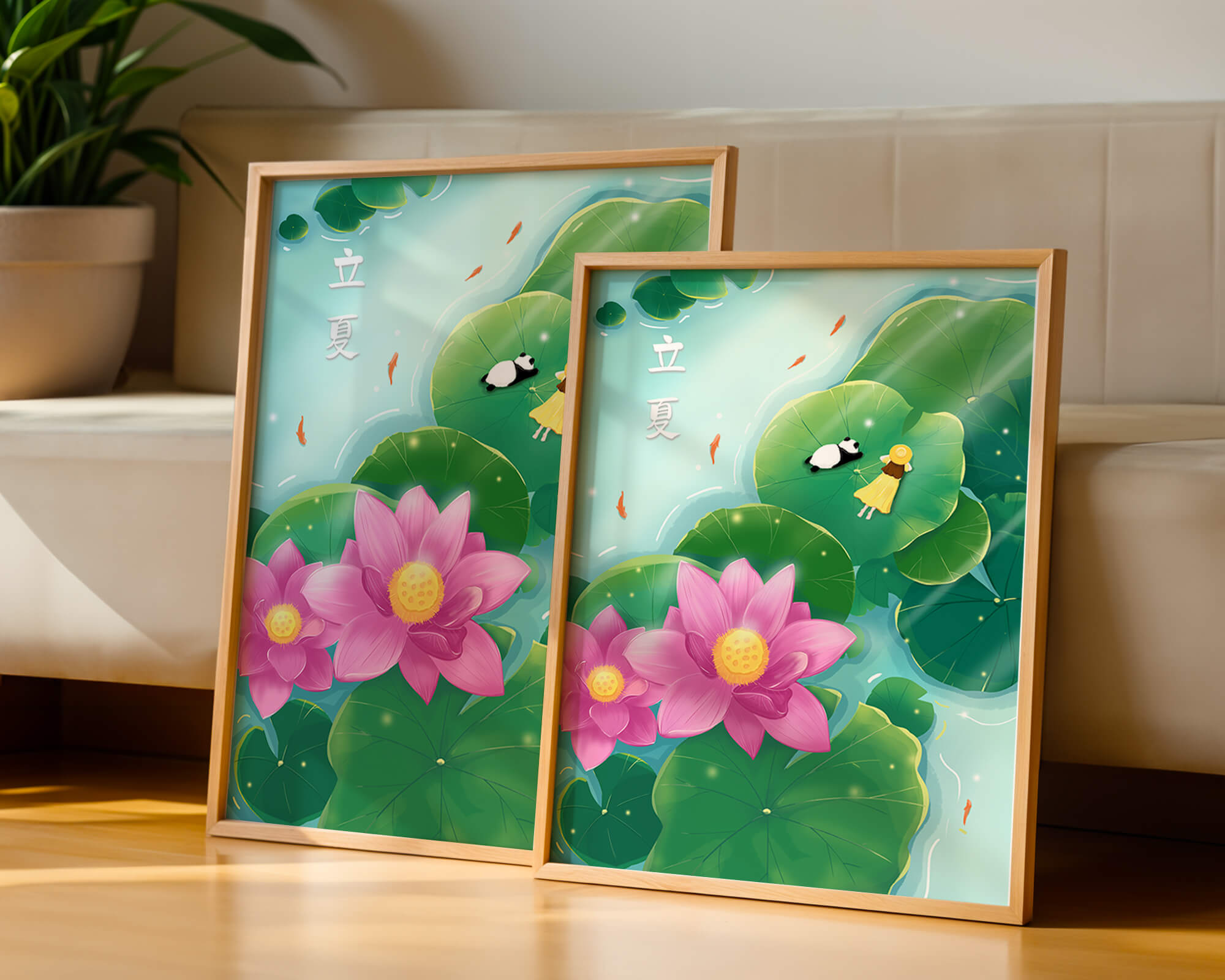 Girl and Panda Relaxing on Lily Pads with Pink Lotus and Goldfish