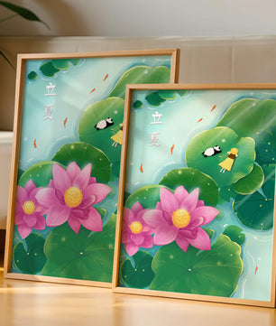 Girl and Panda Relaxing on Lily Pads with Pink Lotus and Goldfish