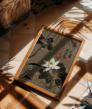 Elegant oriental floral art with gold accents and calligraphy