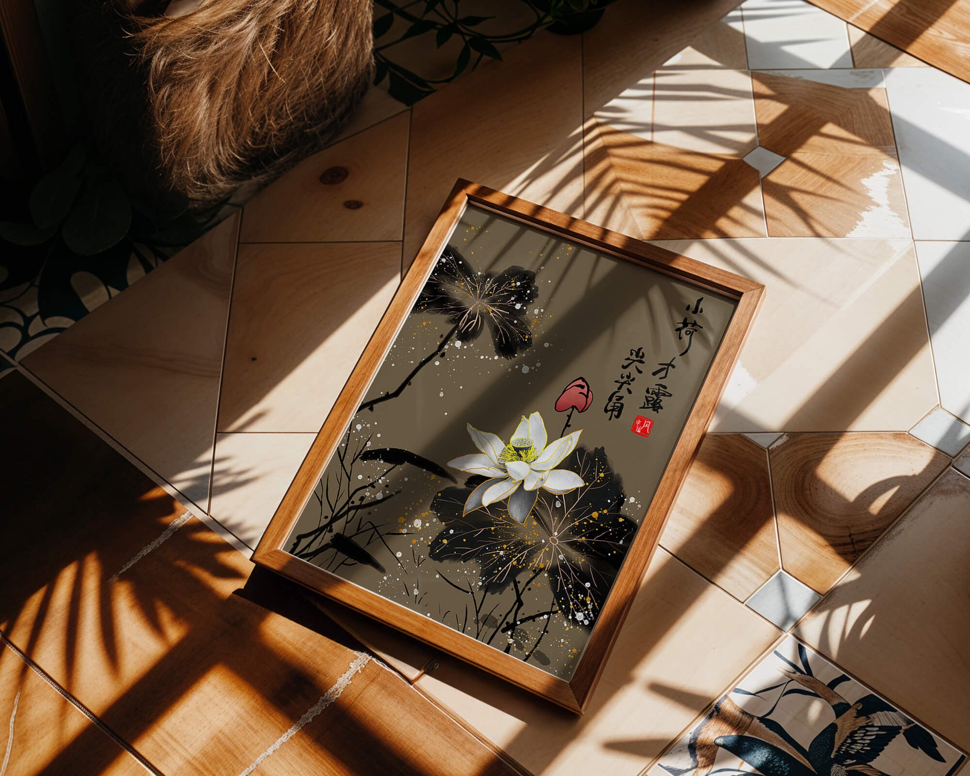Elegant oriental floral art with gold accents and calligraphy