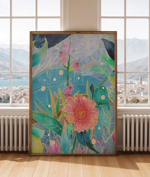 Kunst abstrak bunga yang berwarna-warni dengan bunga dan daun yang cerah