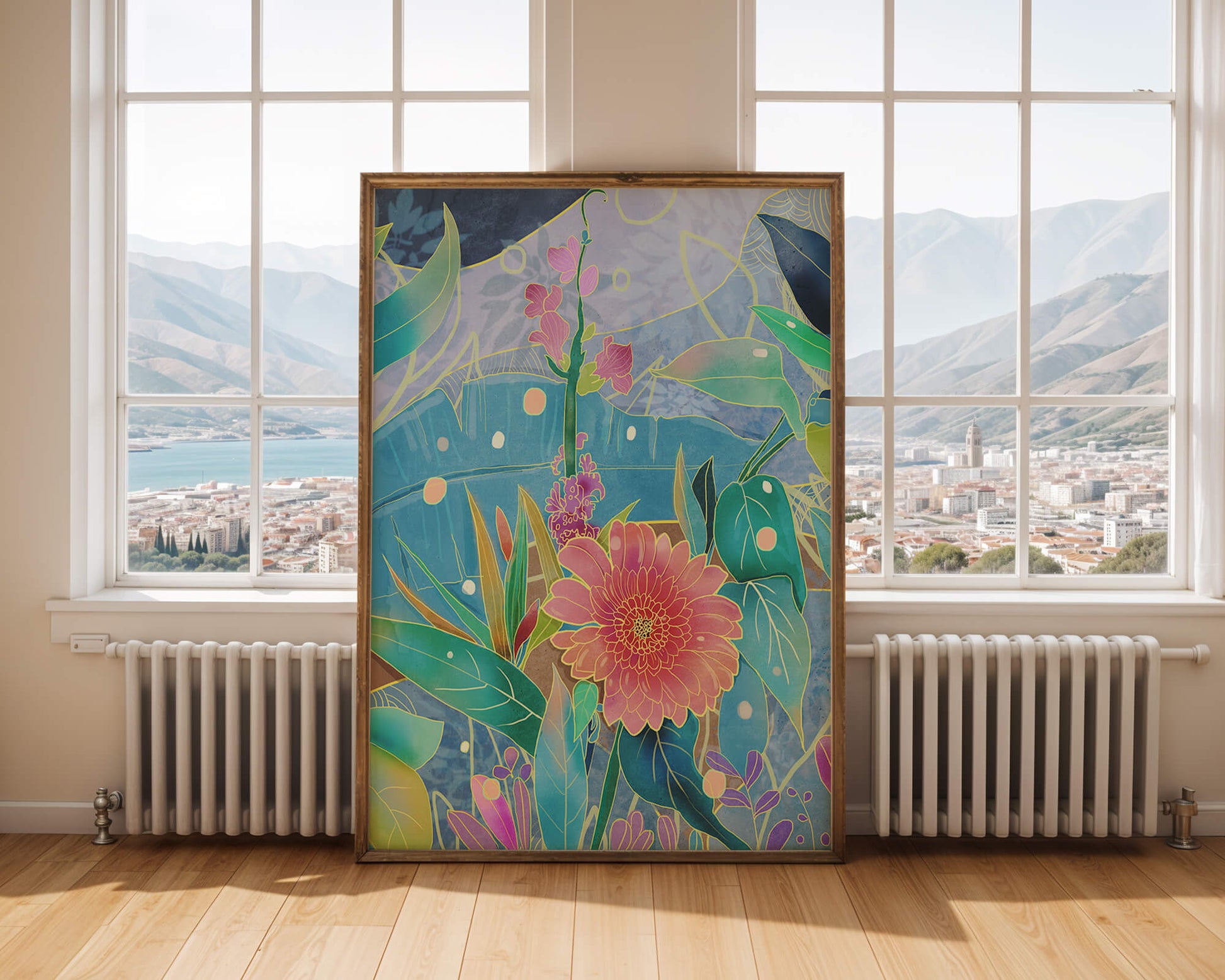 Kunst abstrak bunga yang berwarna-warni dengan bunga dan daun yang cerah