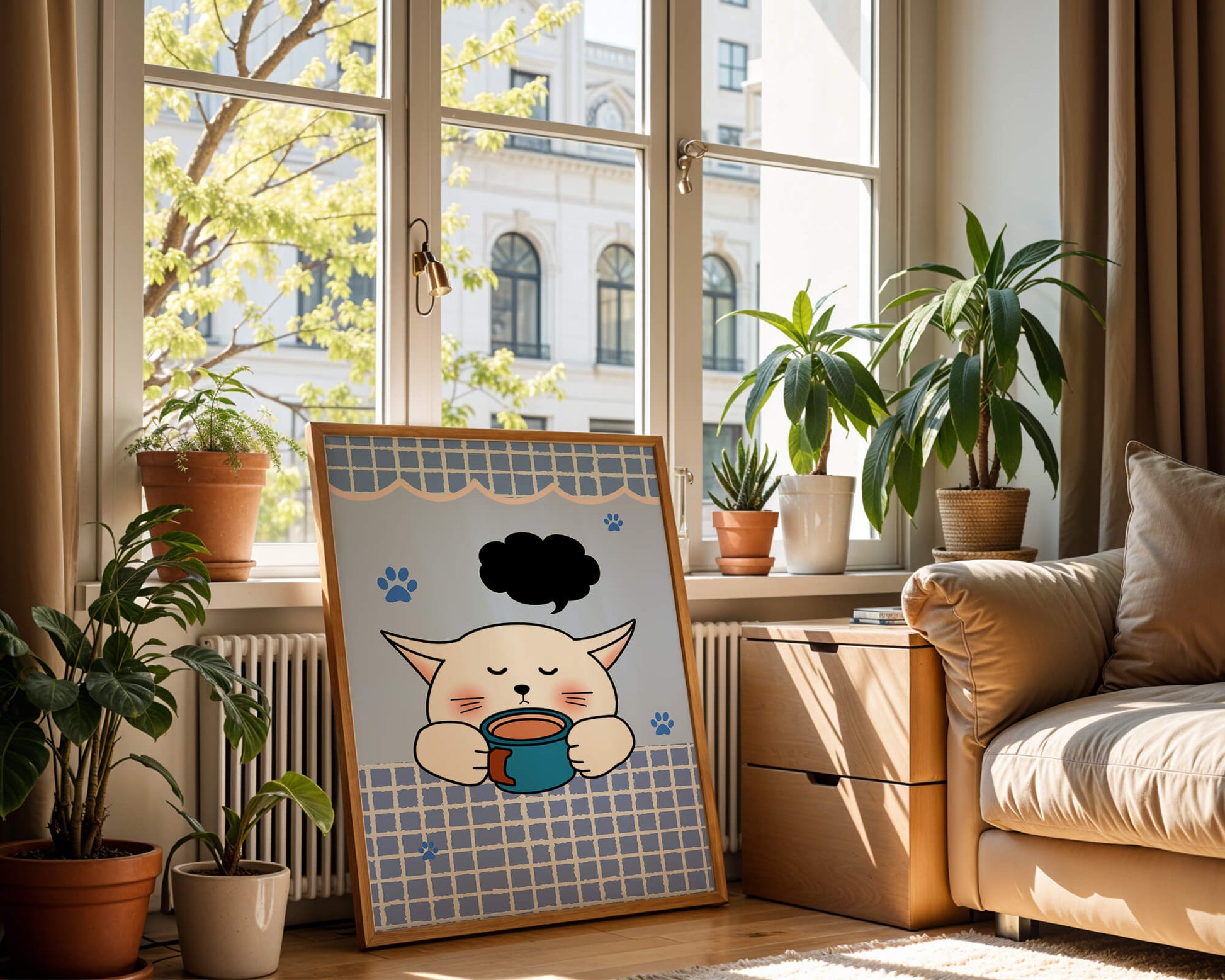 Cute cartoon cat with mug and speech bubble on blue background