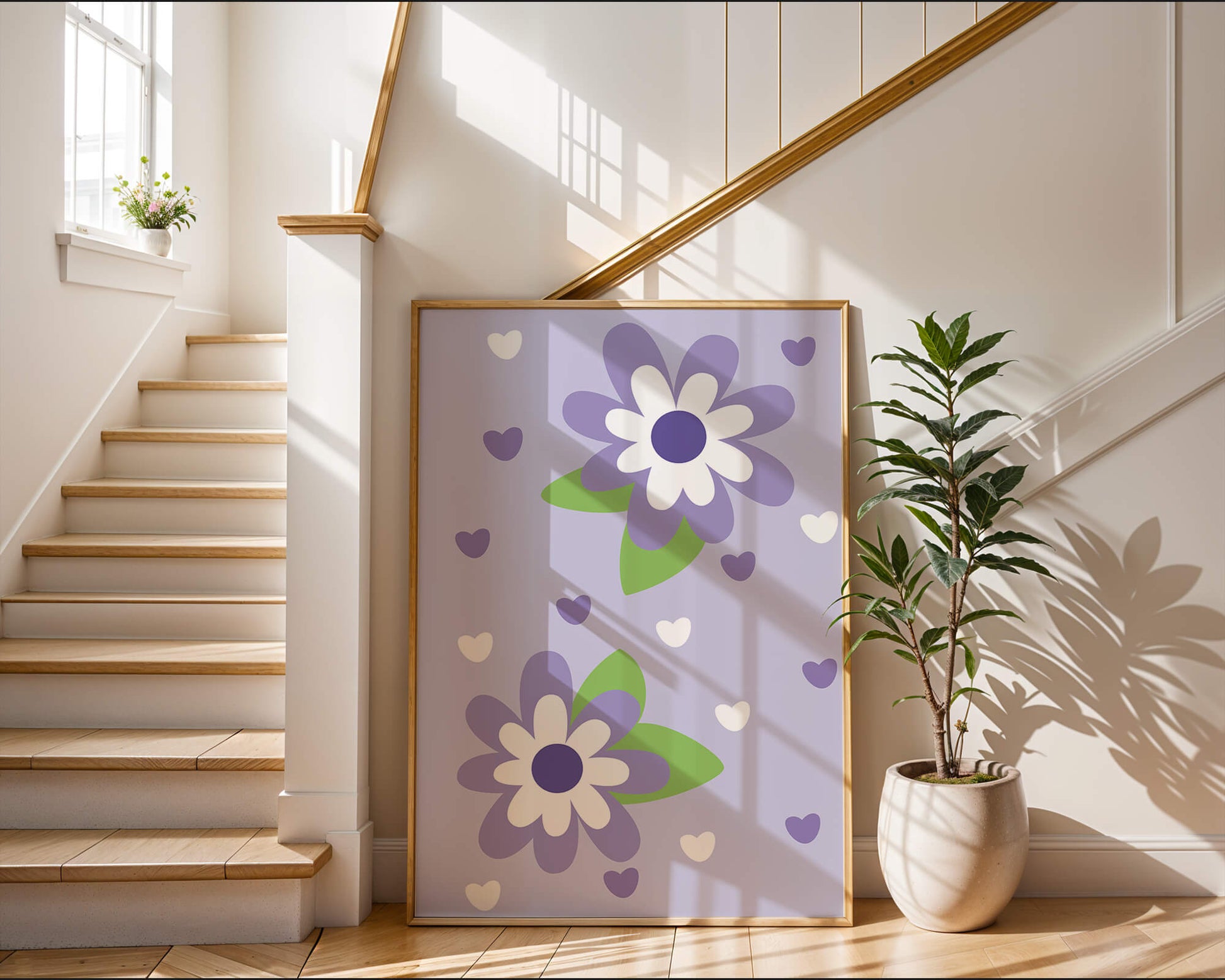 Elegant purple floral pattern with green leaves and heart accents