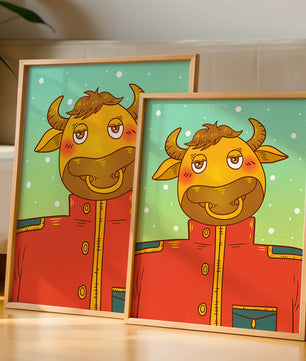 Cartoon cow character in a red coat against a snowy background