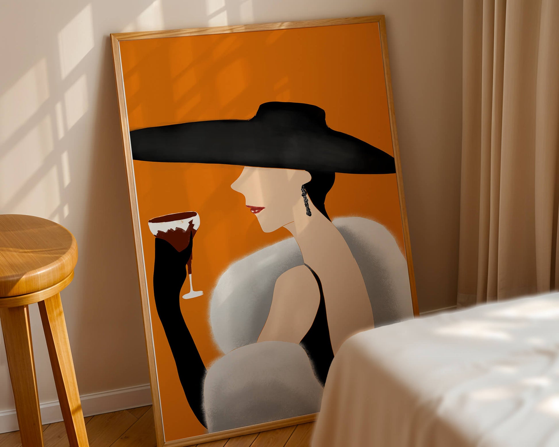 Elegant Woman in Black Hat and White Fur with Wine Glass