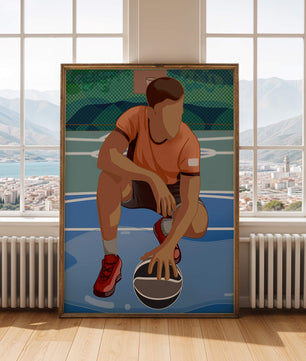 Ilustración de un jugador de baloncesto en la cancha en una pose dinámica
