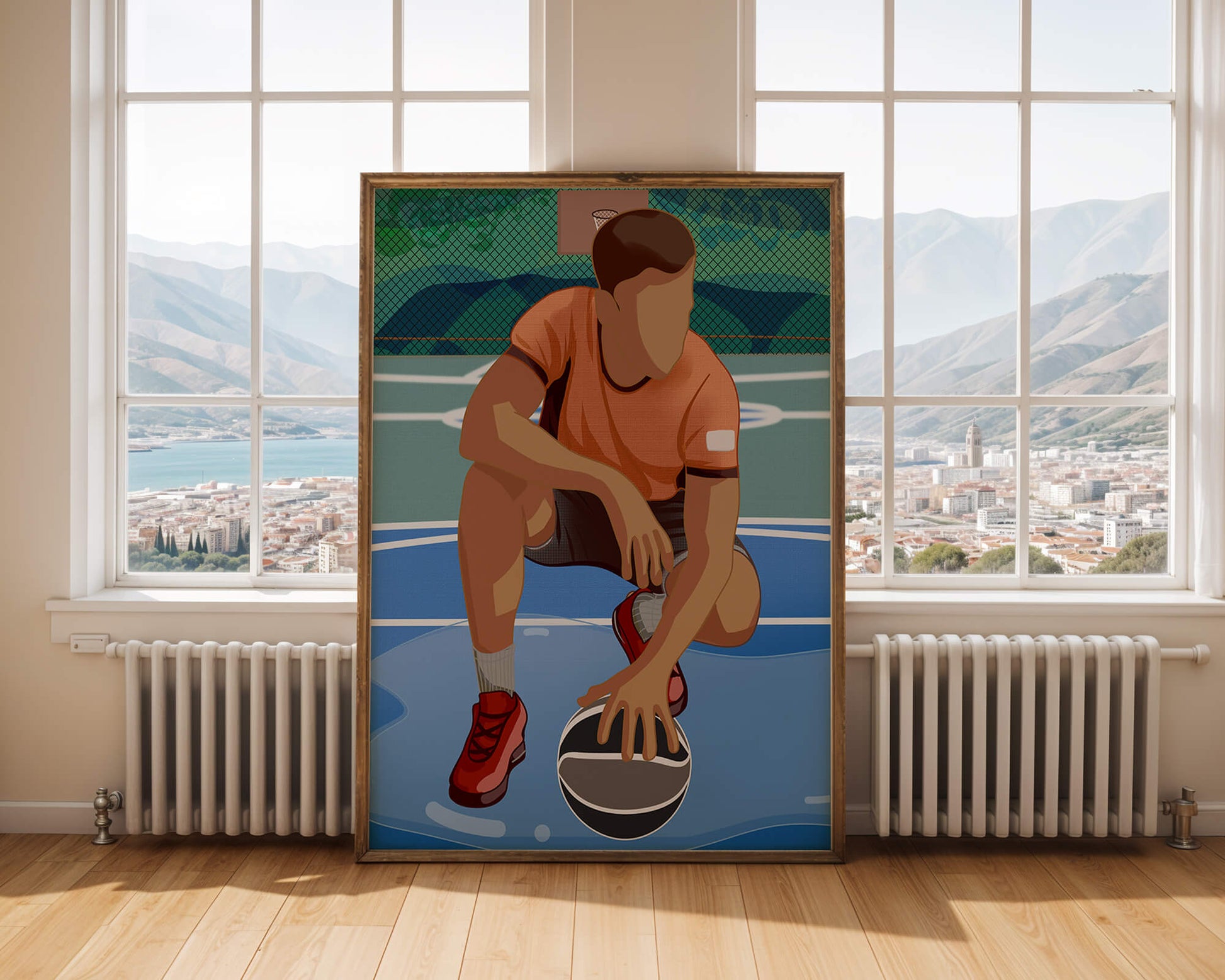 Illustration of a basketball player on a court in a dynamic pose