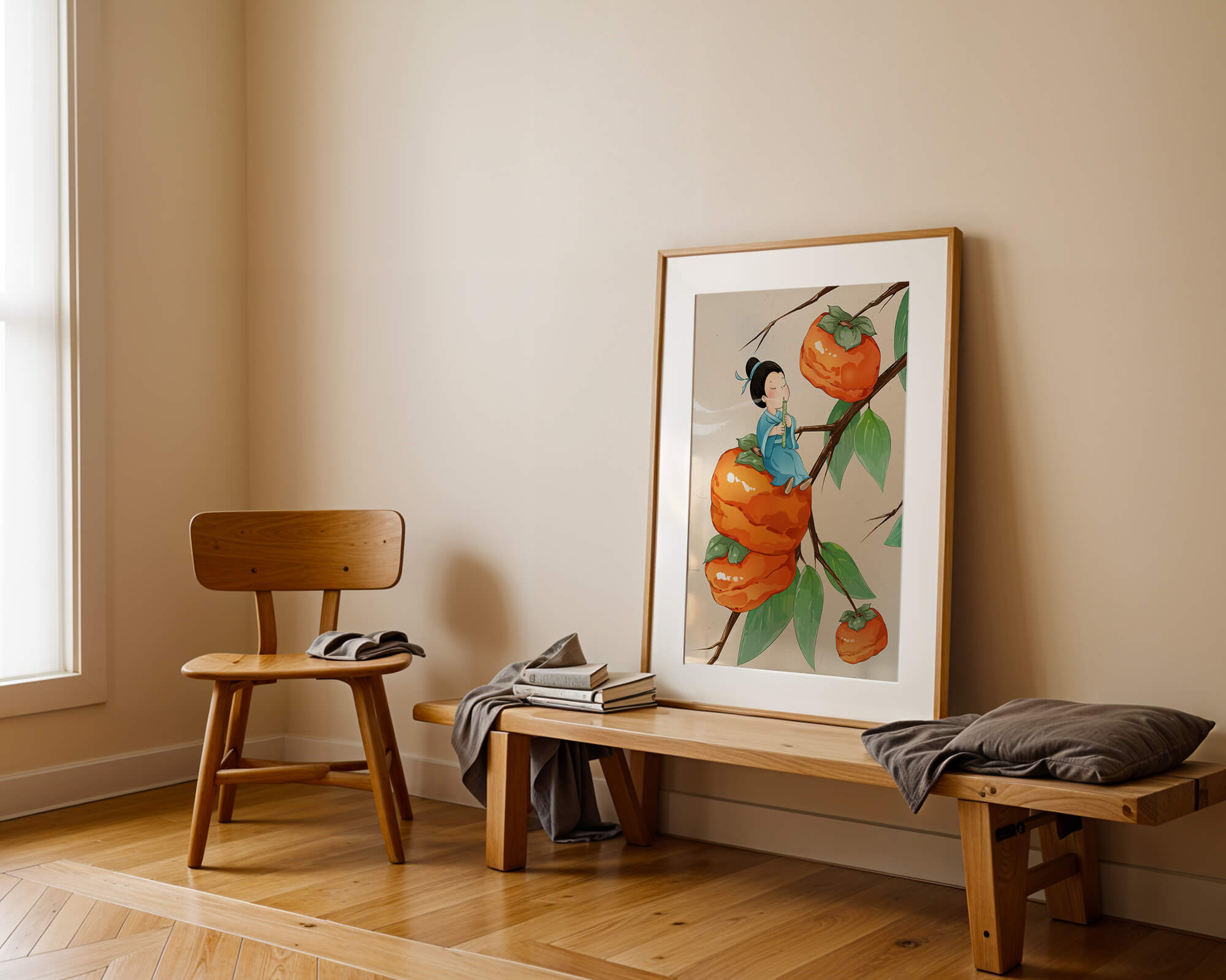 Child playing flute on persimmon-filled tree in whimsical illustration