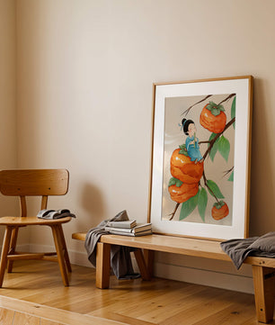 Child playing flute on persimmon-filled tree in whimsical illustration