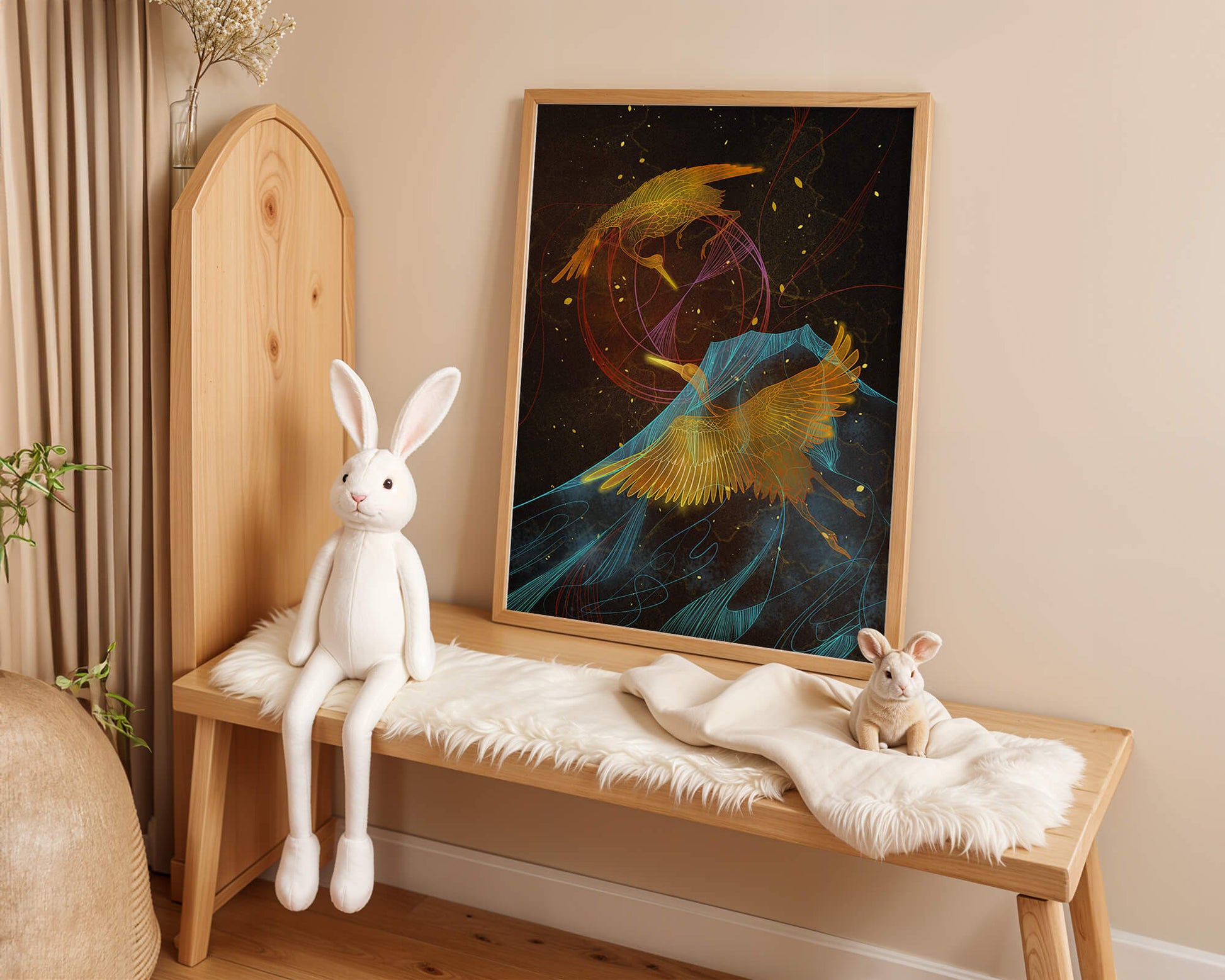Elegant Cranes in Cosmic Dance with Golden and Blue Accents