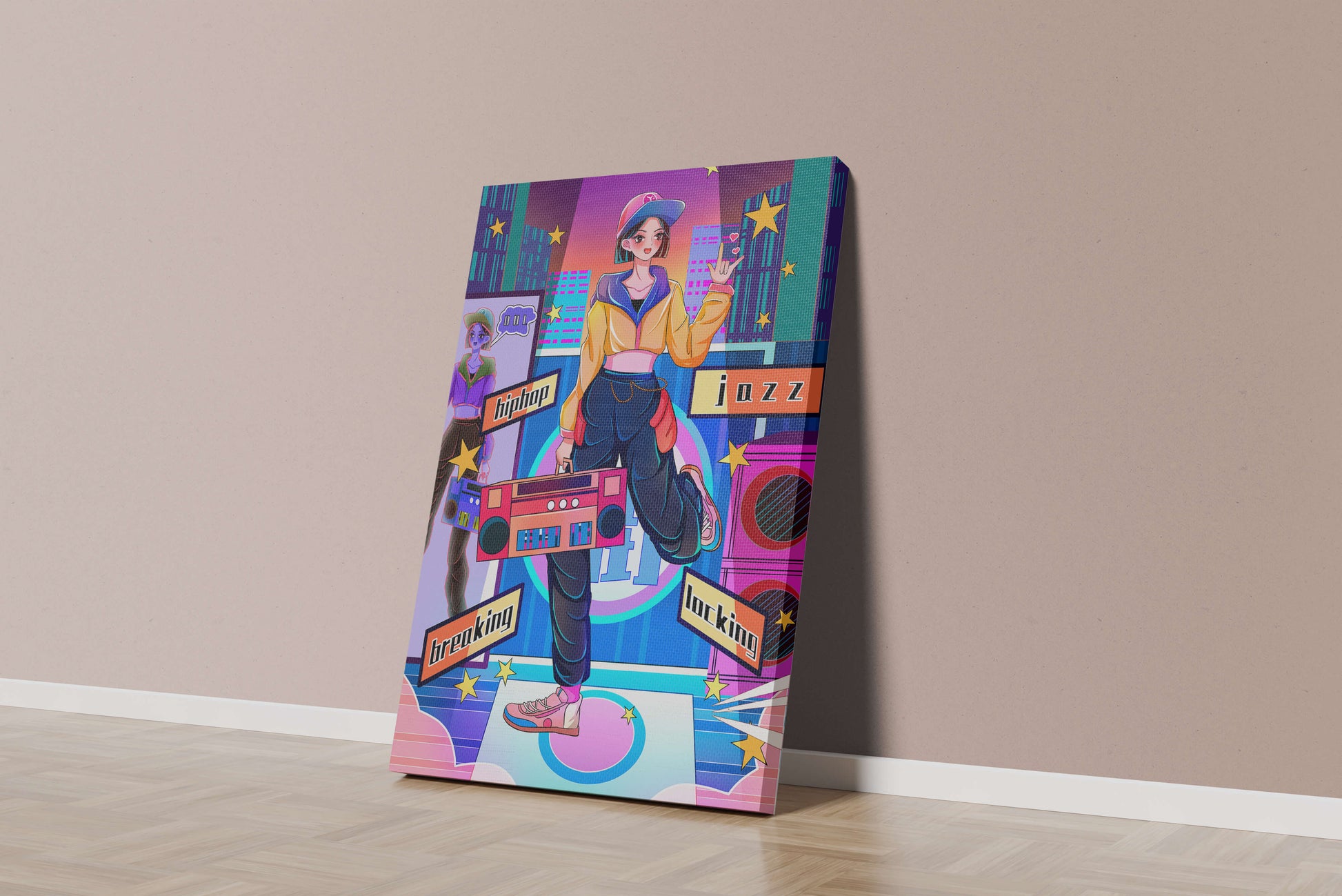 Colorful urban dance scene with hip hop and jazz elements
