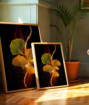 Art abstrait floral avec des feuilles de gingko dorées et un fond sombre